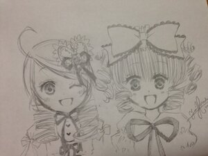 Rating: Safe Score: 0 Tags: 2girls bow drill_hair hair_ornament hat hinaichigo image kanaria long_hair looking_at_viewer monochrome multiple_girls one_eye_closed open_mouth pair photo smile tomoe_mami traditional_media twin_drills User: admin