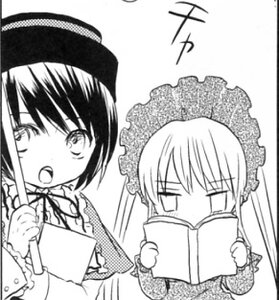 Rating: Safe Score: 0 Tags: 2girls book frills greyscale hairband holding image long_hair long_sleeves monochrome multiple_girls pair reading ribbon shinku souseiseki suigintou User: admin