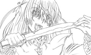 Rating: Safe Score: 0 Tags: 1girl barasuishou greyscale hair_ribbon image knife monochrome open_mouth ribbon solo teeth tongue User: admin