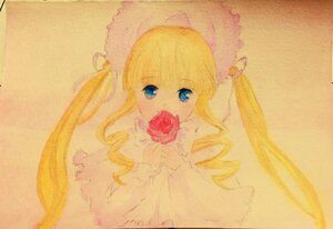 Rating: Safe Score: 0 Tags: 1girl bangs blonde_hair blue_eyes bonnet dress drill_hair flower hat image long_hair looking_at_viewer photo red_flower red_rose rose shinku simple_background solo traditional_media twin_drills twintails upper_body white_dress User: admin