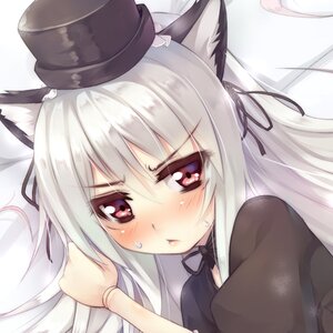 Rating: Safe Score: 0 Tags: 1girl animal_ears black_ribbon blush cat_ears dress hair_ribbon hat image long_hair looking_at_viewer lying ribbon silver_hair solo suigintou sweat User: admin