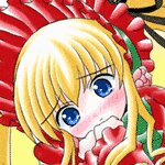 Rating: Explicit Score: 0 Tags: 1girl blonde_hair blue_eyes blush bow fellatio image long_hair marker_(medium) mosaic_censoring shinku solo solo_focus User: admin