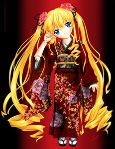 Rating: Safe Score: 0 Tags: 1girl artist_name blonde_hair blue_eyes drill_hair floral_print flower full_body hair_flower hair_ornament image japanese_clothes kimono long_hair obi sash shinku solo tabi twintails very_long_hair User: admin