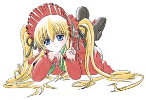 Rating: Safe Score: 6 Tags: 1girl bangs black_footwear blonde_hair blue_eyes bonnet bow bowtie cup curly_hair dress feet_up flower full_body hair_ribbon head_rest image imai_kazunari index_finger_raised light_smile long_hair long_sleeves looking_at_viewer lying on_stomach pink_flower pink_rose red_dress ribbon rose rozen_maiden shinku shoe_flower shoes sidelocks simple_background solo striped twintails very_long_hair white_background User: admin