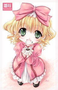 Rating: Safe Score: 0 Tags: 1girl :d blonde_hair blush bow chibi dress frills from_above full_body green_eyes hair_bow hina_ichigo hinaichigo holding image long_sleeves looking_at_viewer looking_up miyama-zero open_mouth photoshop_(medium) pink_bow pink_dress ribbon rozen_maiden shoes short_hair smile solo standing striped User: admin