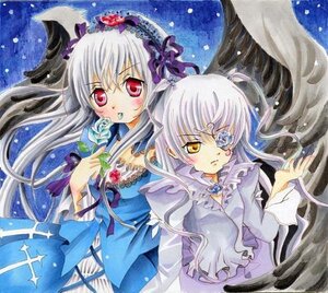 Rating: Safe Score: 0 Tags: 2girls barasuishou dress eyepatch flower hairband image long_hair marker_(medium) multiple_girls pair red_eyes rose shikishi silver_hair suigintou traditional_media watercolor_(medium) wings yellow_eyes User: admin