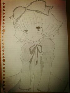 Rating: Safe Score: 0 Tags: 1girl blush bow dress graphite_(medium) hair_bow hinaichigo image looking_at_viewer monochrome open_mouth photo ribbon short_hair smile solo traditional_media User: admin
