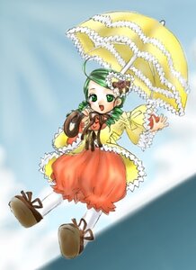 Rating: Safe Score: 0 Tags: 1girl ahoge dress frills full_body green_eyes green_hair holding_umbrella image kanaria long_sleeves open_mouth pantyhose parasol solo standing umbrella white_legwear User: admin