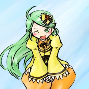 Rating: Safe Score: 0 Tags: 1girl ahoge blue_background blush dress green_eyes green_hair image juliet_sleeves kanaria long_hair long_sleeves one_eye_closed open_mouth puffy_sleeves smile solo very_long_hair User: admin
