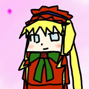 Rating: Safe Score: 0 Tags: 1girl blonde_hair blue_eyes bonnet flower hat image long_hair long_sleeves pink_background ribbon rose shinku simple_background solo User: admin