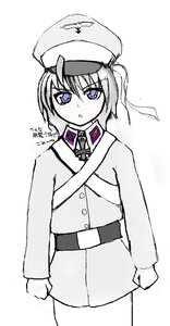 Rating: Safe Score: 0 Tags: 1girl auto_tagged bangs belt blue_eyes blush eyebrows_visible_through_hair hat image long_sleeves looking_at_viewer monochrome parted_lips short_hair simple_background solo suigintou uniform white_background User: admin