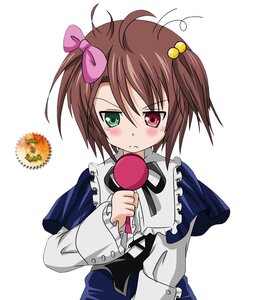 Rating: Safe Score: 0 Tags: 1boy blush bow brown_hair capelet dress food frills frown green_eyes heterochromia image long_sleeves red_eyes ribbon solo souseiseki striped white_background User: admin