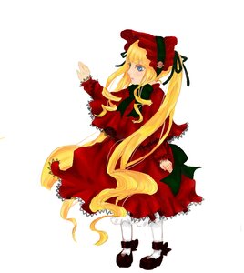 Rating: Safe Score: 3 Tags: 1girl blonde_hair blue_eyes bonnet bow dress drill_hair full_body image long_hair long_sleeves looking_at_viewer looking_back pantyhose red_dress shinku solo standing twintails very_long_hair white_legwear User: admin