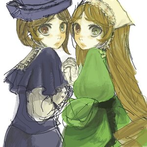 Rating: Safe Score: 0 Tags: 2girls bangs blonde_hair brown_eyes brown_hair dress green_eyes hat image long_hair long_sleeves looking_at_viewer looking_back multiple_girls pair short_hair siblings simple_background sisters souseiseki suiseiseki top_hat twins very_long_hair white_background User: admin