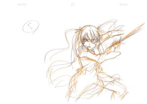 Rating: Safe Score: 0 Tags: 1girl barasuishou holding image long_hair long_sleeves monochrome sketch solo striped sword weapon User: admin