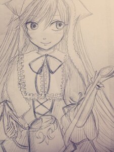Rating: Safe Score: 0 Tags: 1girl frills image long_hair looking_at_viewer monochrome ribbon smile solo suiseiseki traditional_media User: admin