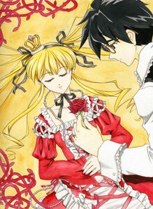 Rating: Safe Score: 0 Tags: 1boy 1girl blonde_hair choker closed_eyes crown dress flower frills glasses hair_ribbon image long_hair long_sleeves marker_(medium) puffy_sleeves red_rose ribbon rose shinku solo traditional_media twintails User: admin