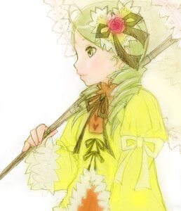 Rating: Safe Score: 0 Tags: 1girl dress flower green_eyes green_hair hair_flower hair_ornament holding image kanaria long_sleeves red_flower red_rose ribbon rose short_hair solo striped umbrella upper_body yellow_dress User: admin