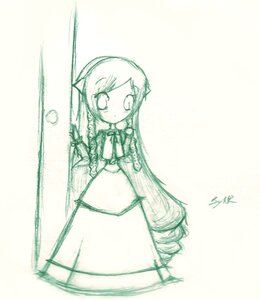 Rating: Safe Score: 0 Tags: 1girl dress green_theme image long_hair long_sleeves looking_at_viewer monochrome monster_girl simple_background sketch solo standing suiseiseki very_long_hair User: admin