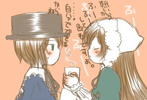 Rating: Safe Score: 0 Tags: 2girls blue_dress blush brown_hair closed_eyes cup green_eyes hat head_scarf image long_hair long_sleeves multiple_girls orange_background pair siblings simple_background sisters souseiseki suiseiseki twins User: admin
