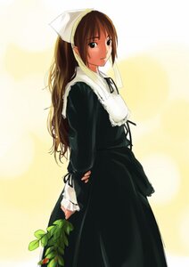 Rating: Safe Score: 0 Tags: 1girl black_dress brown_hair cowboy_shot dress green_eyes image long_hair long_sleeves looking_at_viewer plant solo standing suiseiseki yellow_background User: admin