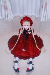 Rating: Safe Score: 0 Tags: 1girl bangs blonde_hair blue_eyes bonnet curtains dress flower lolita_fashion long_hair long_sleeves looking_at_viewer red_dress red_flower red_rose rose shinku shoes sitting solo User: admin