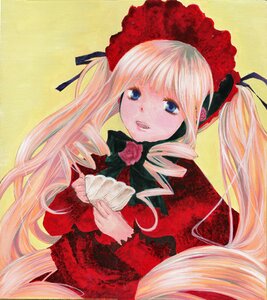Rating: Safe Score: 0 Tags: 1girl blonde_hair blue_eyes bonnet cup dress drill_hair flower holding holding_cup image long_hair long_sleeves looking_at_viewer pink_rose red_dress ribbon rose shinku simple_background solo teacup traditional_media twin_drills upper_body very_long_hair yellow_background User: admin