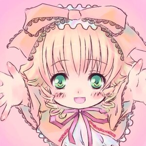 Rating: Safe Score: 0 Tags: 1girl :d blush frills green_eyes hina_ichigo hinaichigo image long_sleeves looking_at_viewer open_mouth pink_background pink_bow pink_ribbon ribbon simple_background smile solo upper_body User: admin