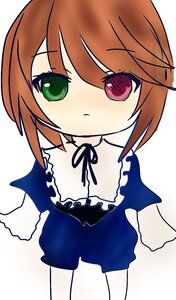 Rating: Safe Score: 0 Tags: 1girl bangs black_neckwear black_ribbon blush brown_hair closed_mouth dress eyebrows_visible_through_hair frills green_eyes heterochromia image looking_at_viewer neck_ribbon red_eyes ribbon short_hair simple_background solo souseiseki upper_body white_background User: admin