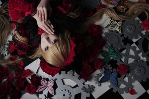 Rating: Safe Score: 0 Tags: 1girl blonde_hair blue_butterfly blue_eyes bug butterfly checkered checkered_background checkered_floor dress flower insect long_hair red_flower red_rose ring rose shinku solo squiggle User: admin
