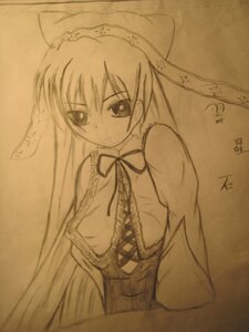 Rating: Safe Score: 0 Tags: 1girl auto_tagged brown_theme dress frills image long_hair long_sleeves looking_at_viewer monochrome neck_ribbon ribbon simple_background solo suiseiseki traditional_media upper_body very_long_hair User: admin