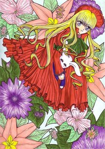 Rating: Safe Score: 0 Tags: 1girl blonde_hair blue_eyes bonnet bow dress flower hat image long_hair long_sleeves looking_at_viewer marker_(medium) red_dress shinku sidelocks solo traditional_media very_long_hair User: admin