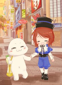 Rating: Safe Score: 0 Tags: 1girl >_< auto_tagged brown_hair closed_eyes hat image outdoors photo_background shop short_hair smile solo souseiseki top_hat User: admin