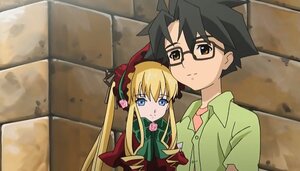Rating: Safe Score: 0 Tags: 1boy 1girl black-framed_eyewear black_hair blonde_hair blue_eyes bonnet bow bowtie dress flower glasses green_bow green_neckwear image long_hair long_sleeves pink_rose rose shinku sidelocks solo twintails User: admin