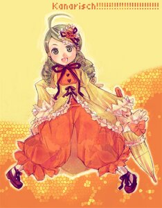 Rating: Safe Score: 0 Tags: 1girl :d ahoge blonde_hair bloomers closed_umbrella dress drill_hair frills full_body image kanaria long_sleeves open_mouth puffy_pants smile solo standing twin_drills umbrella underwear yellow_background User: admin