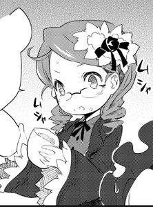 Rating: Safe Score: 0 Tags: 1girl blush bow cup dress drill_hair glasses greyscale hair_ornament halftone image kanaria long_sleeves monochrome semi-rimless_eyewear solo User: admin
