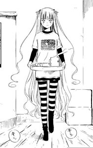 Rating: Safe Score: 0 Tags: 1girl barasuishou clothes_writing full_body greyscale image long_hair monochrome pantyhose shirt solo standing striped striped_legwear t-shirt very_long_hair User: admin