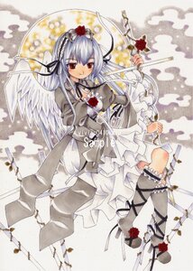 Rating: Safe Score: 0 Tags: 1girl black_ribbon dress flower frills hairband image long_hair long_sleeves red_eyes red_flower red_rose ribbon rose silver_hair solo suigintou wings User: admin