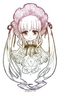 Rating: Safe Score: 0 Tags: 1girl bangs closed_mouth dress eyebrows_visible_through_hair hat holding image long_hair long_sleeves looking_at_viewer monochrome shinku simple_background smile solo striped twintails upper_body vertical_stripes very_long_hair white_background User: admin
