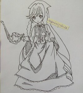 Rating: Safe Score: 0 Tags: 1girl artist_name bangs braid closed_mouth dated dress eyebrows_visible_through_hair frills full_body greyscale holding image long_hair long_sleeves looking_at_viewer monochrome photo simple_background solo standing suiseiseki traditional_media twitter_username User: admin