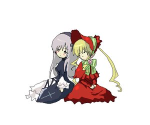Rating: Safe Score: 0 Tags: 2girls blonde_hair bonnet bow dress image long_hair long_sleeves multiple_girls pair red_dress shinku silver_hair simple_background sitting suigintou wings User: admin