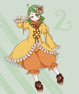 Rating: Safe Score: 0 Tags: 1girl ahoge dress flower full_body green_eyes green_hair hair_ornament image kanaria long_sleeves one_eye_closed pantyhose puffy_sleeves shoes short_hair smile solo v white_legwear User: admin