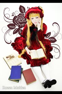 Rating: Safe Score: 0 Tags: 1girl blonde_hair bonnet book closed_eyes dress flower long_hair open_book pantyhose red_dress red_flower red_rose rose shinku shoes sitting solo white_legwear User: admin