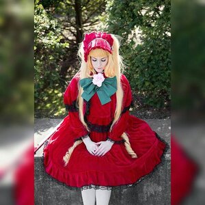 Rating: Safe Score: 0 Tags: 1girl bangs blonde_hair bonnet bow closed_eyes doll_joints dress flower frills joints long_hair long_sleeves pantyhose photo red_dress shinku sitting solo User: admin