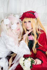 Rating: Safe Score: 0 Tags: 2girls blonde_hair blue_eyes bouquet dress flower hair_ornament lips long_hair multiple_cosplay multiple_girls pink_rose rose tagme white_flower white_rose yellow_eyes User: admin