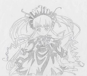 Rating: Safe Score: 0 Tags: 1girl blush dress frills image long_hair long_sleeves looking_at_viewer monochrome ribbon shinku simple_background solo traditional_media twintails very_long_hair User: admin