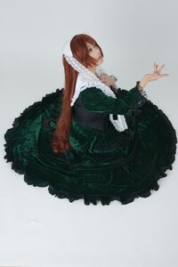 Rating: Safe Score: 0 Tags: 1girl brown_hair dress frills green_dress grey_background jewelry lolita_fashion long_hair long_sleeves solo suiseiseki User: admin