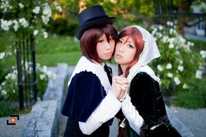 Rating: Safe Score: 0 Tags: 2girls bag blurry blurry_background blurry_foreground brown_hair depth_of_field flower green_eyes hat holding_hands looking_at_viewer multiple_cosplay multiple_girls outdoors red_hair short_hair souseiseki tagme yuri User: admin
