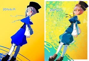 Rating: Safe Score: 0 Tags: 2girls black_footwear black_headwear blue_dress boots capelet dress frills full_body hat heterochromia image long_sleeves looking_at_viewer multiple_girls pantyhose red_eyes shoes short_hair shorts solo souseiseki standing white_legwear yellow_background yellow_eyes User: admin