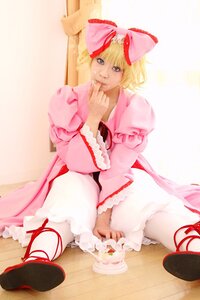 Rating: Safe Score: 0 Tags: 1girl blonde_hair blue_eyes blurry bow cake depth_of_field dress food frills hair_bow hina_ichigo hinaichigo pink_dress plate ribbon shoes sitting smile solo striped white_legwear wide_sleeves User: admin